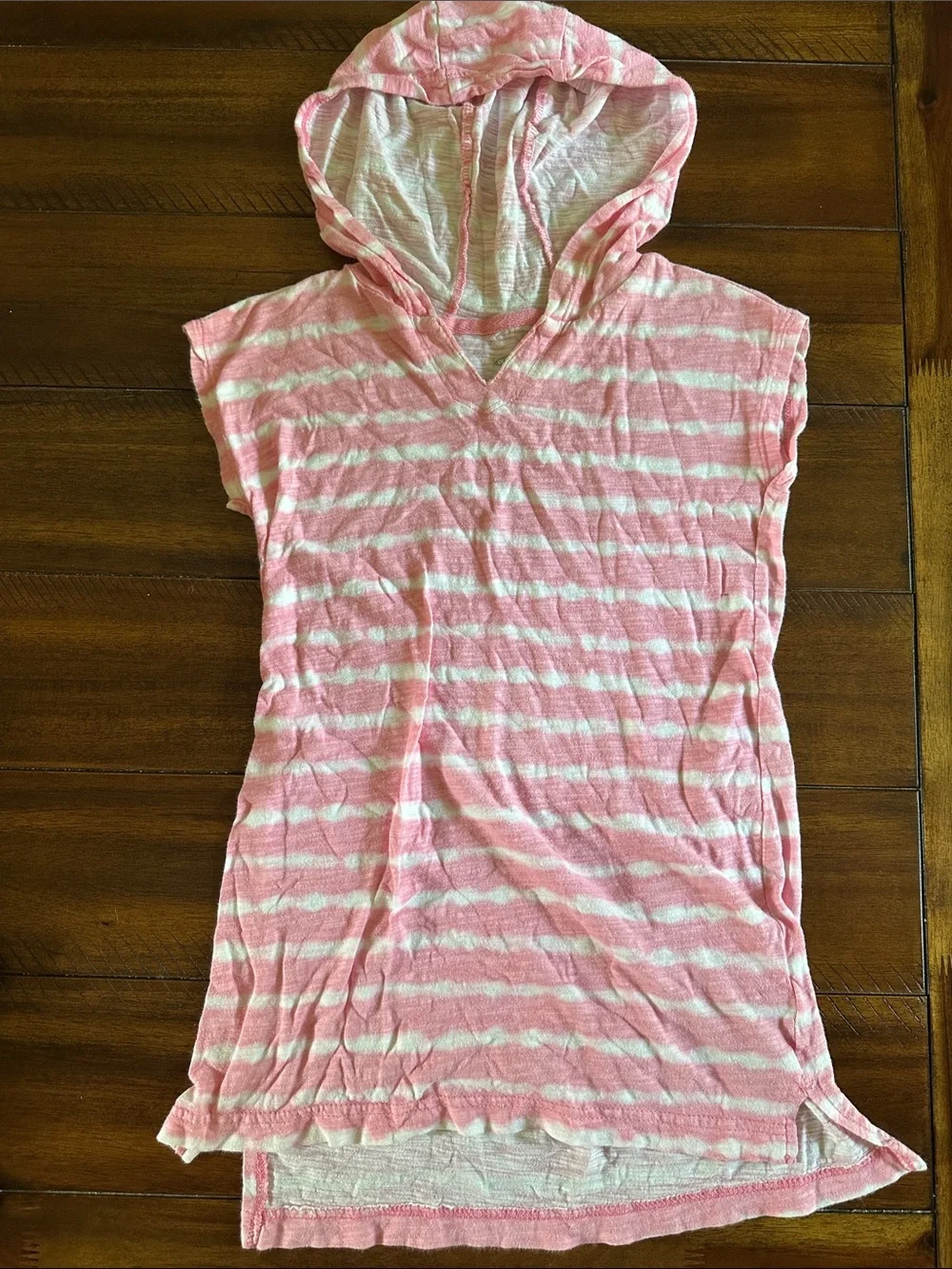 Old Navy Pink and White Striped Hooded Swim Cover Up. Size Small 6/7